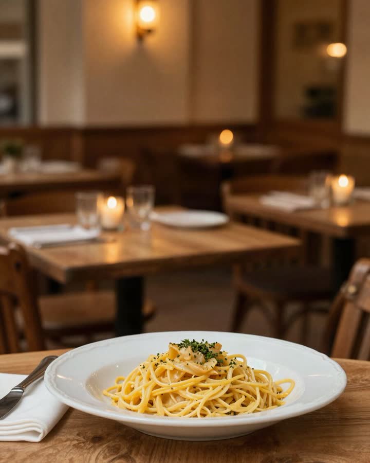 Przykładowy projekt Osteria del Sole: sala włoskiej restauracji i talerz makaronu